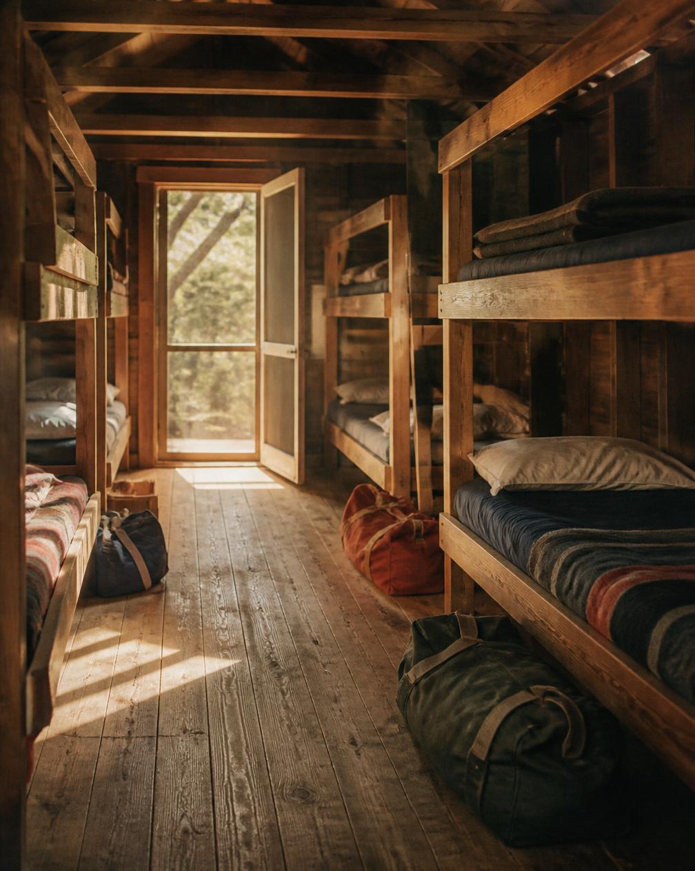 Inside a camp bunkhouse: wooden bunk beds, folded blankets and duffel bags by the door